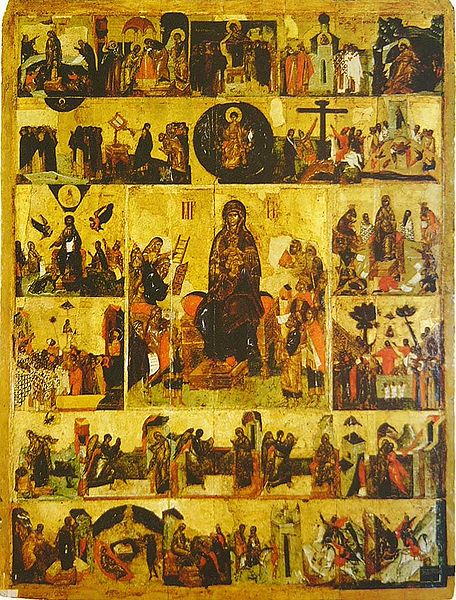 «Ο Ακάθιστος Ύμνος», ρωσική εικόνα του 14ου αιώνα. Στο κέντρο εικονίζεται η Παναγία, ενώ καθεμιά από τις μικρές περιφερειακές εικόνες αφορά τη διήγηση ενός από τους 24 «οίκους» του Ακάθιστου Ύμνου_πηγή wikipedia