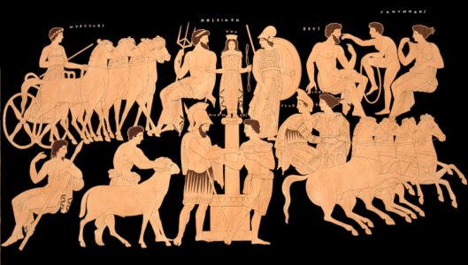 Οινόμαος Ιπποδάμεια & Ολύμπιοι θεοί- Αττικός ερυθρόμορφος κρατήρας-Αρχαιολογικό Μουσείο Νάπολης