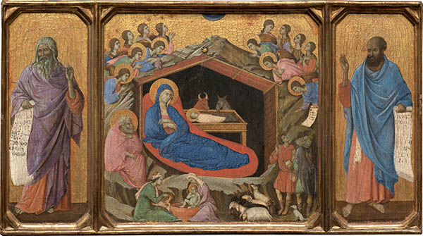 Duccio di Buoninsegna (Italian, c. 1255 - 1318 ), The Nativity with the Prophets Isaiah and Ezekiel, 1308/1311, tempera on single panel, Andrew W. Mellon Collection
