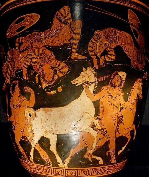 Οδυσσέας και ∆ιομήδης κλέβουν τα άλογα του βασιλιά των Θρακών, Ρήσου τον οποίο μόλις έχουν σκοτώσει. Ερυθρόμορφο αγγείο, περί το 360 π.Χ