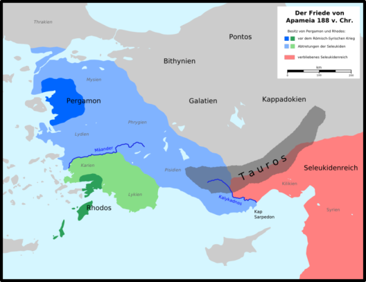 χάρτης που απεικονίζει την πολιτική κατάσταση στην Μικρά Ασία μετά την συνθήκη της Απάμειας (188 π.Χ). Με μπλέ χρώμα απεικονίζεται η αρχική επικράτεια της Περγάμου και με γαλάζιο τα νέα της εδάφη_πηγή wikipedia