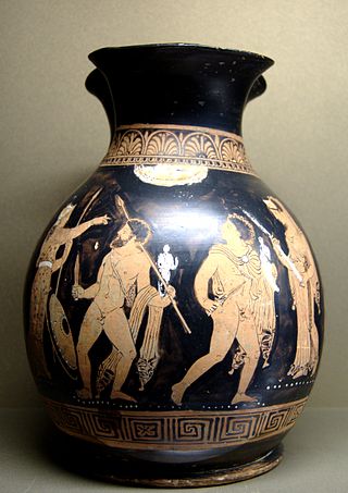 Οδυσσέας και Διομήδης αρπάζουν το Παλλάδιο από την Τροία (κοκκινόχρωμη ζωγραφική σε οιχνοχόο που χρονολογείται γύρω στο  360 - 350 π.Χ. από την περιοχή της Καλαβρίας-πηγή) 