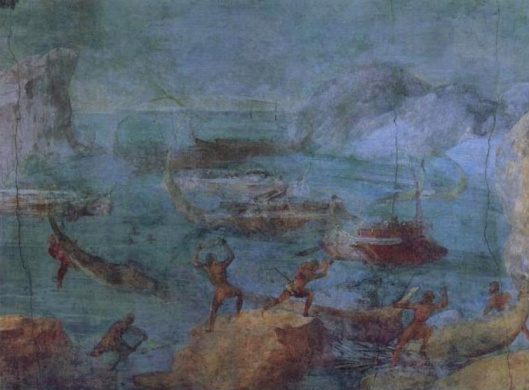 Οι Λαιστρυγόνες βομβαρδίζουν το πλοίο του Οδυσσέα_τοιχογραφία 1ου αιώνα π.Χ_πηγή wikipedia commons