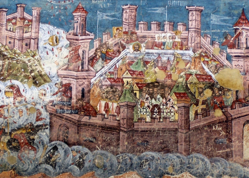 Νωπογραφία από άγνωστο καλλιτέχνη στην Εκκλησία της Μονής Moldoviţa απεικονίζει την άλωση της Κωνσταντινούπολης_ 1537_πηγή wikipedia