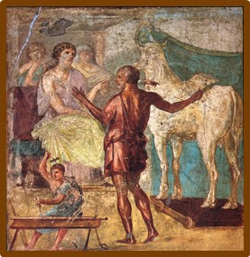 Δαίδαλος, Πασιφάη και ξύλινη αγελάδα σε Ρωμαϊκή τοιχογραφία στην Πομπηία [Casa dei Vettii (VI 15,1)] wikipedia