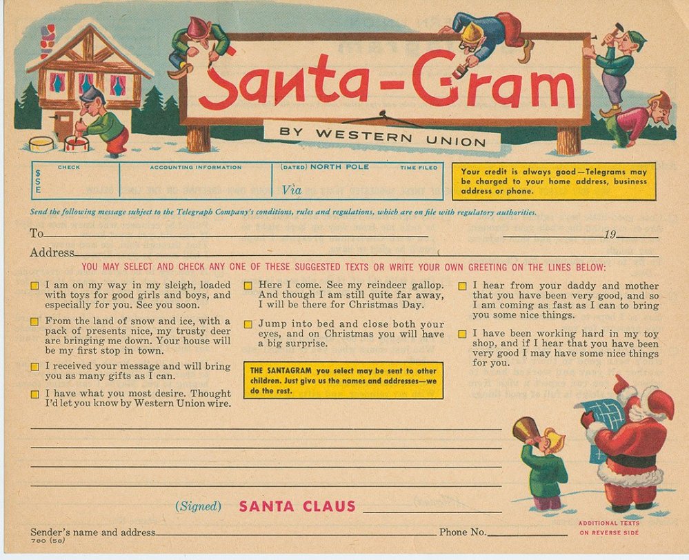 From c. 1930, the Western Union Telegraph Company's Santa-Gram could be sent "via the North Pole." (NMAH Archives Center, Western Union Telegraph Co. Records) 1907 sheet music for the "Santa Claus" march composed by Fred Vokoun. (NMAH Archives Center, Sam DeVincent Collection of Illustrated American Sheet Museic) 