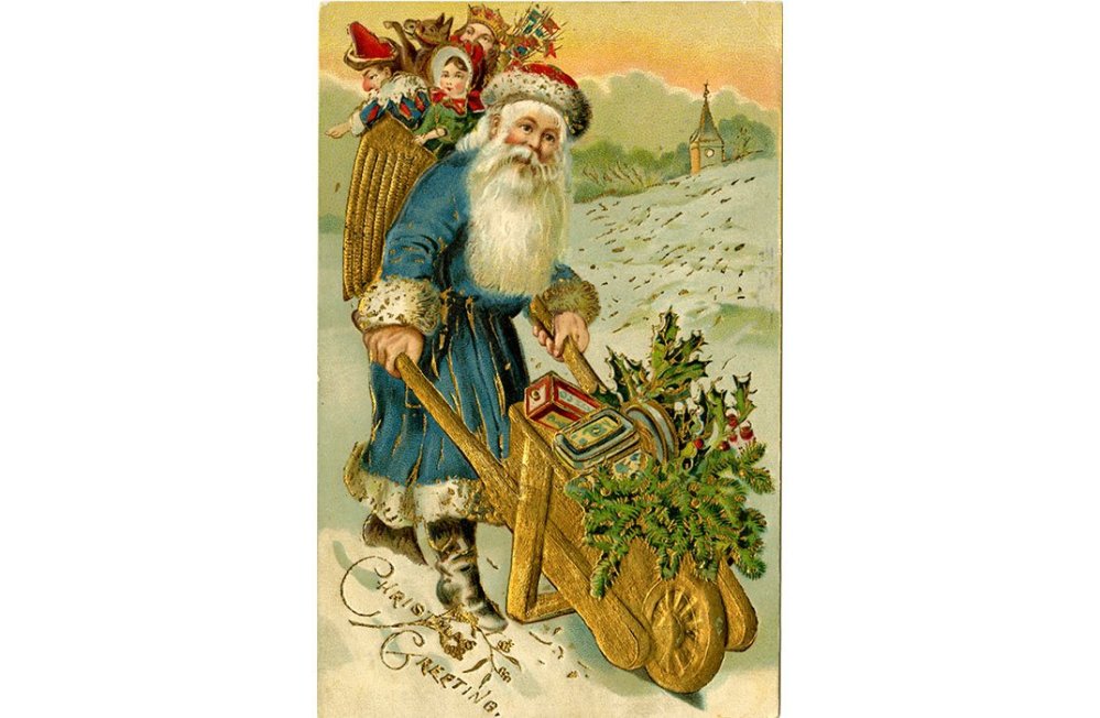 Undated postcard entitled "Christmas Greetings" of a blue-robed and bearded Father Christmas. (NMAH Archives Center, Beatrice Litzinger Postcard Collection) 
