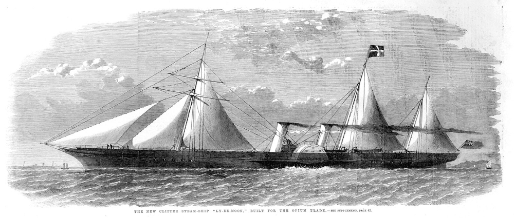“The new clipper steam-ship “LY-EE-MOON,” built for the opium trade,” Illustrated London News, ca. 1859 A quarter century after revolutionizing the drug trade, the celebrated “opium clippers” had begun to undergo a further revolution with the addition of coal-fueled, steam-driven paddle wheels. This illustration appeared in the Illustrated London News in 1859, two decades after the first Opium War began. [1800s_LyEeMoonILN_Britannca] URL [http://ocw.mit.edu/ans7870/21f/21f.027/opium_wars_01/ow1_essay01.html]
