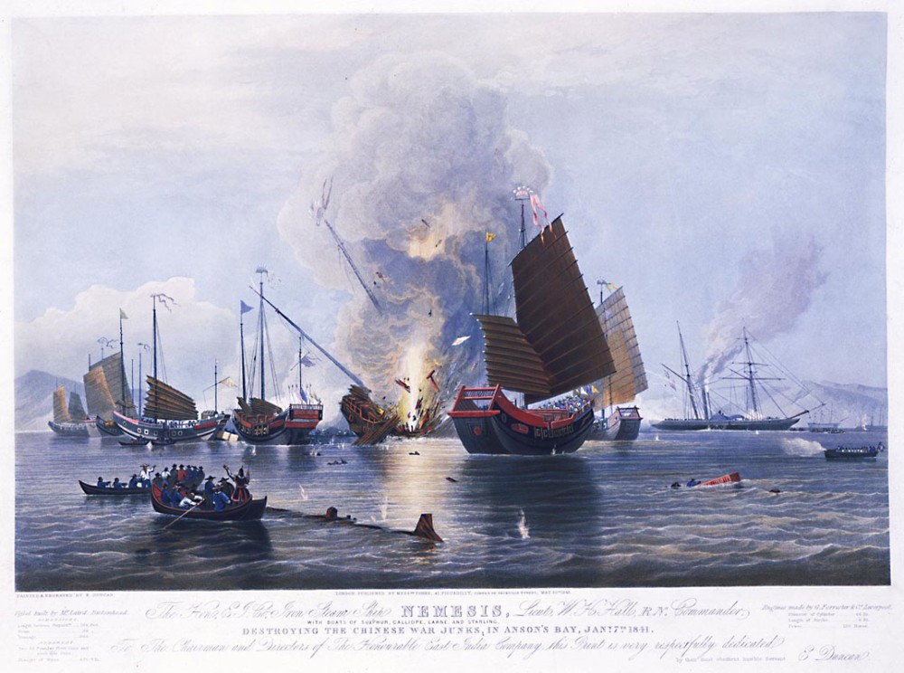 “NEMESIS Destroying the Chinese War Junks in Anson’s Bay, Jan 7th 1841” This famous print of the Second Battle of Chuanbi by E. Duncan, dated May 30, 1843, records the first battle appearance of the revolutionary iron steamer Nemesis. National Maritime Museum [1841_0792_nemesis_jm_nmm] URL [http://ocw.mit.edu/ans7870/21f/21f.027/opium_wars_01/ow1_essay03.html]