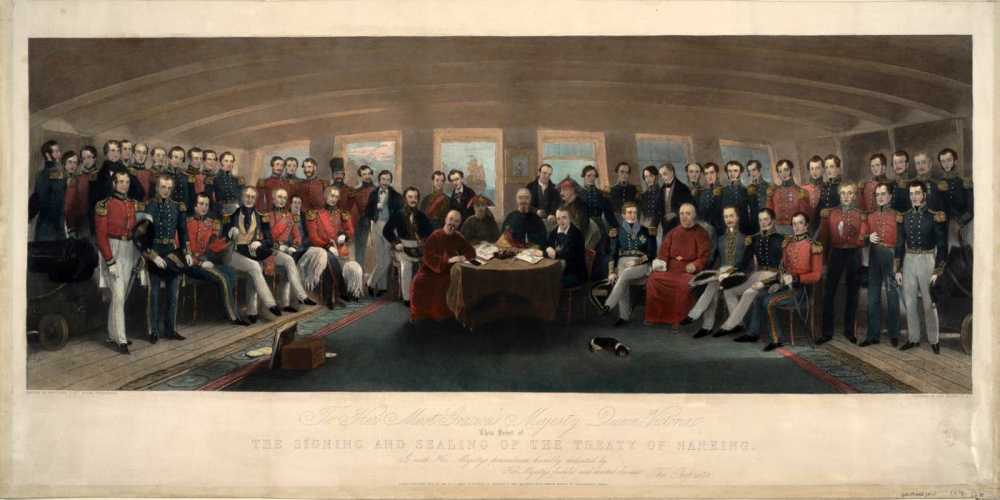 “The Signing and Sealing of the Treaty of Nanking in the State Cabin of H. M. S. Cornwallis, 29th August, 1842” (detail) Painted by Capt. John Platt This famous 1846 engraving commemorates the signing of the first of the unequal treaties in August 1842. In the West, this was widely heralded as a triumph of commerce, international law, and “civilization.” Anne S. K. Brown Military Collection, Brown University Library [1846_TreatyNanking_Brown] 