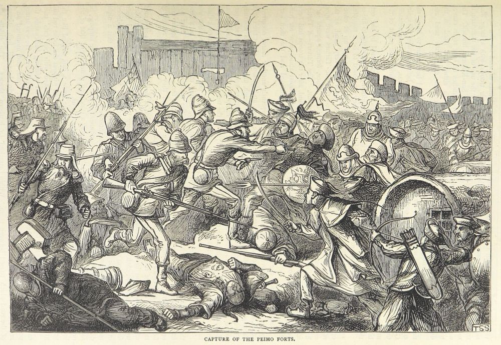 Απεικόνιση της μάχης στα οχυρά της περιοχής Taku το 1860. wikipedia URL [https://en.wikipedia.org/wiki/Opium_Wars#/media/File:Capture_of_the_Peiho_Forts.jpg] 