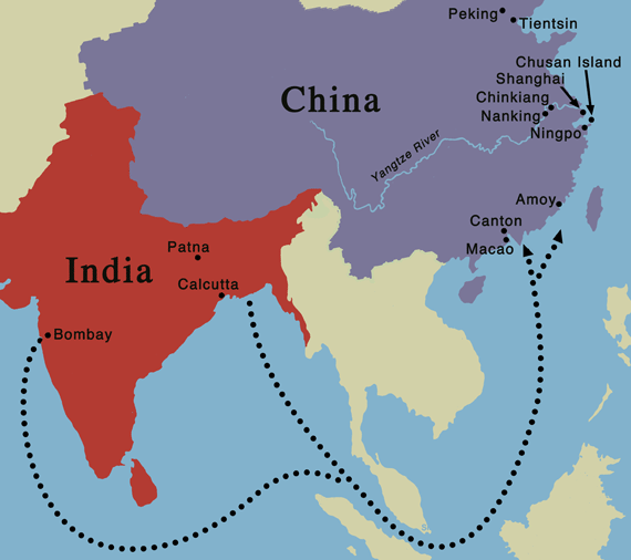 Οι διαδρομές του οπίου ανάμεσα στην Ινδία και την Κίνα. [map_OpRoutes_BrEmpire21_234-5] URL [http://ocw.mit.edu/ans7870/21f/21f.027/opium_wars_01/ow1_essay01.html] 