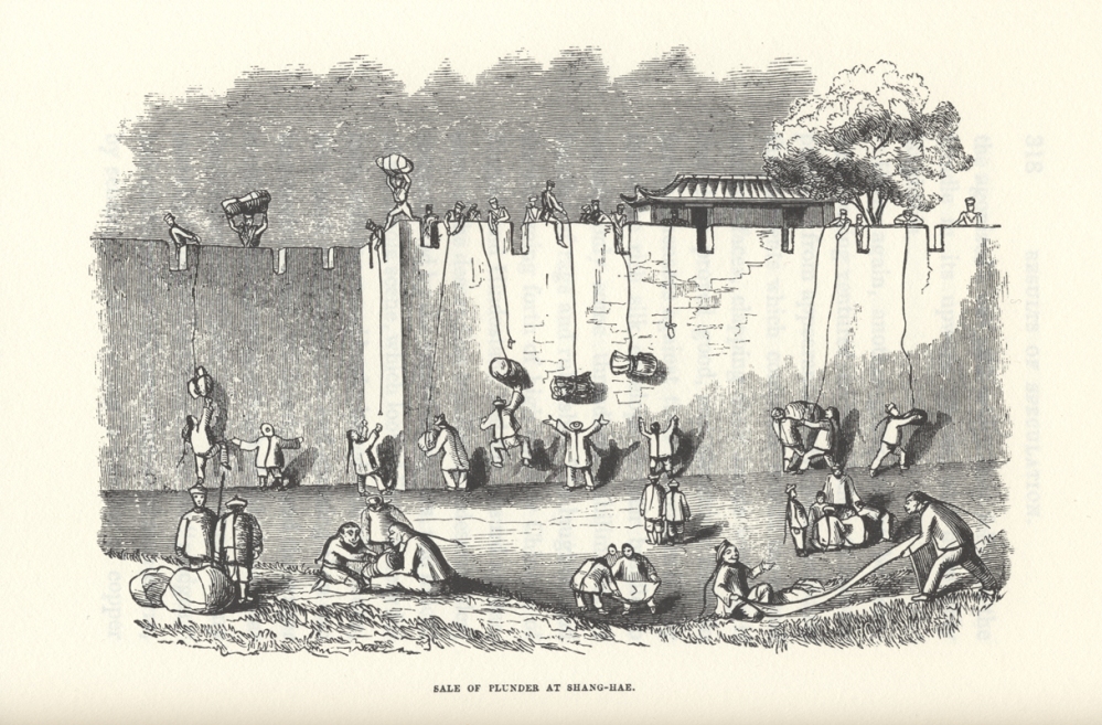 “Sale of Plunder at Shang-Hae” from The Chinese War (1844), p. 318 [ou_318a_plunder] URL [http://ocw.mit.edu/ans7870/21f/21f.027/opium_wars_01/ow1_essay03.html] Everywhere the British forces attacked, plunder and pillage followed in their wake. Much of this was done by the foreigners. It was taken for granted that silver dollars in particular, whether found in public or private places, were legitimate victor’s spoils; and on more than a few occasions the foreign invaders lit their cooking fires with precious books, beautiful textiles, and once-elegant, now-splintered furniture. In an interesting annotation to Chinese swords from the time now in the collection of England’s National Maritime Museum, it is noted that “The world ‘loot’, from the Hindi ‘lut’, meaning to ‘plunder’ or ‘take forcibly’, became an accepted part of the English language during the First Opium War.”