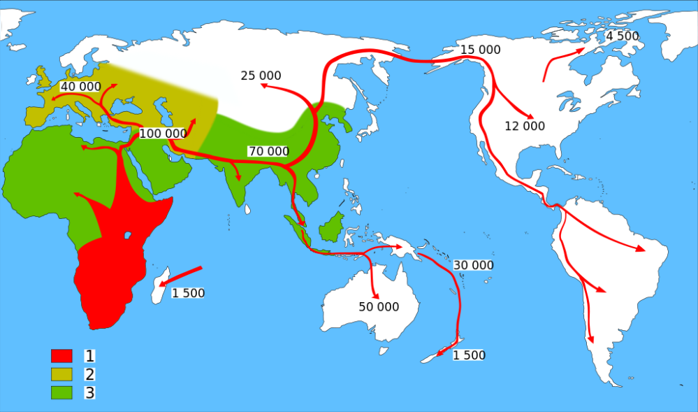 Χάρτης μετακινήσεων των πρώτων ανθρώπινων πληθυσμών. Homo sapiens Νεάντερταλ Πρώιμα είδη ανθρώπου